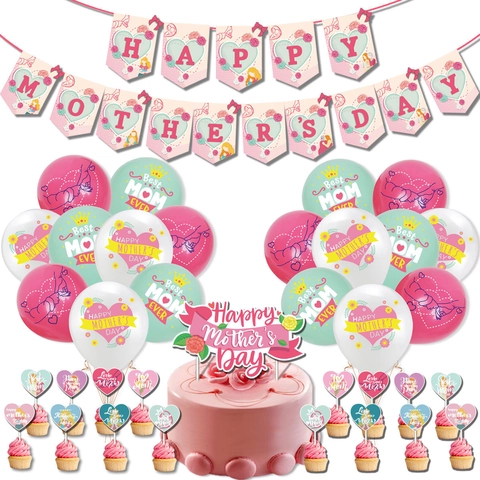 Mother's Day Party Decoration Set Happy Mother's Day Banner Latex Balloons Heart Cake Toppers For Mom Birthday Party Supplies