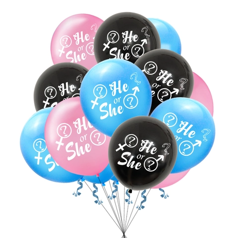 Set di Palloncini Gender Reveal He Or She in Lattice Rosa Blu Nero Pois Coriandoli per Decorazioni Festa Baby Shower
