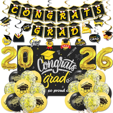 Kit Decorazione Festa di Laurea 2026 Banner Congrats Grad Riccioli Pendenti Palloncini in Lattice e Alluminio