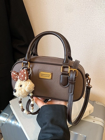 Borsa da Bowling in Pelle PU Vintage da Donna Borsa a Tracolla alla Moda Con Cuciture e Simpatico Pendaglio a Forma di Cane