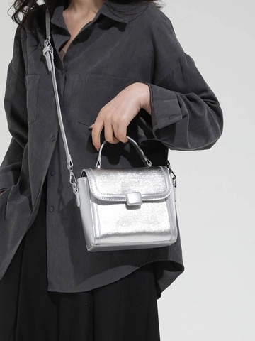 Petit Sac Carré en Cuir PU pour Femmes Style Coréen Minimaliste Urbain Sac à Main Texture Métallique Sac Bandoulière