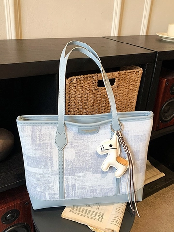 Borsa Tote da Donna a Grande Capacità in Pelle PU Jacquard Geometrico Borsa a Tracolla Con Ciondolo a Cavallo Borsa Casual per Ufficio Campus