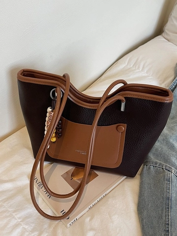 Retro Kontrastfarben PU Leder Tote Bag Große Kapazität Pendler Schultertasche Mit Perlenanhänger Elegante Damen Handtasche