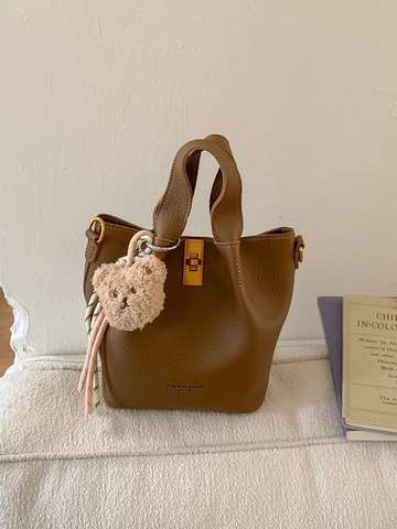 Borsa a Secchiello in Pelle PU Grana Litchi Retrò Borsa a Mano Minimalista Con Tracolla Regolabile Serratura in Metallo Donna
