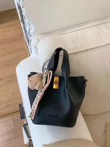 Borsa a Secchiello in Pelle PU Grana Litchi Retrò Borsa a Mano Minimalista Con Tracolla Regolabile Serratura in Metallo Donna