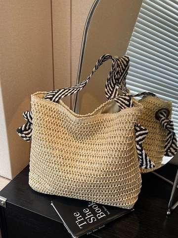 Handgewebte Stroh Tote Tasche Für Damen Bohemian Strand Schultertasche Mit Gestreiftem Seidenschal Griff Große Kapazität Lässige Tasche