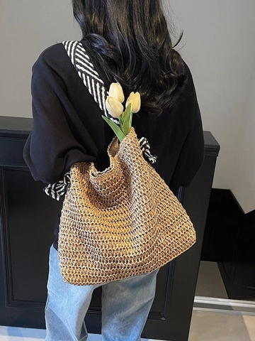 Handgewebte Stroh Tote Tasche Für Damen Bohemian Strand Schultertasche Mit Gestreiftem Seidenschal Griff Große Kapazität Lässige Tasche