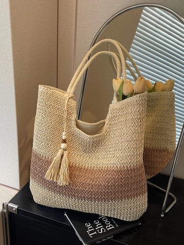 Borsa Tote in Paglia Intrecciata da Donna Grande Capacità Casual Spiaggia Borsa a Spalla con Nappine e Perline di Legno Borsa a Righe