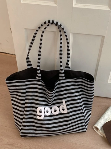 Sac Cabas en Toile Rayée Décontracté pour Femmes Grande Capacité Impression de Lettres Étoile Sac à Épaule Ouvert Style Preppy Sac Étudiant