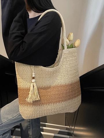 Borsa Tote in Paglia Intrecciata da Donna Grande Capacità Casual Spiaggia Borsa a Spalla con Nappine e Perline di Legno Borsa a Righe