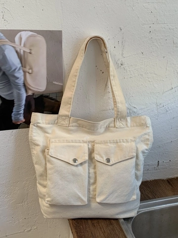 Women Casual Canvas Tote Bag Large Capacity Lightweight Utility Dual Pockets Shoulder Bag Minimalist Commute Handbag Solid Color