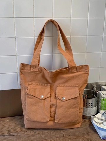Women Casual Canvas Tote Bag Large Capacity Lightweight Utility Dual Pockets Shoulder Bag Minimalist Commute Handbag Solid Color