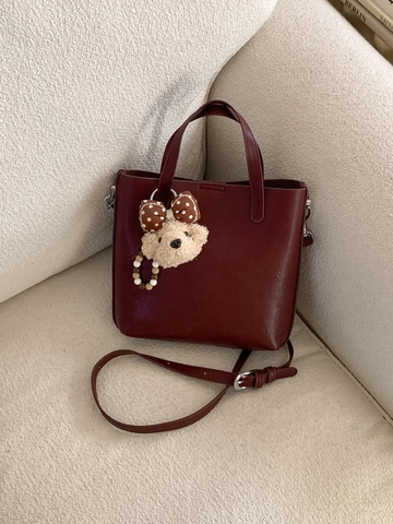 Vintage Women's PU Leather Crossbody Bag With Bear Pendant Urban Minimalist Solid Color Handbag Commuter Tote Shoulder Bag