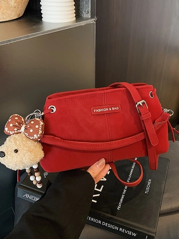 Vintage PU Leather Crossbody Bag For Women Commuter Retro Solid Color Handbag With Bear Charm Small Square Shoulder Bag