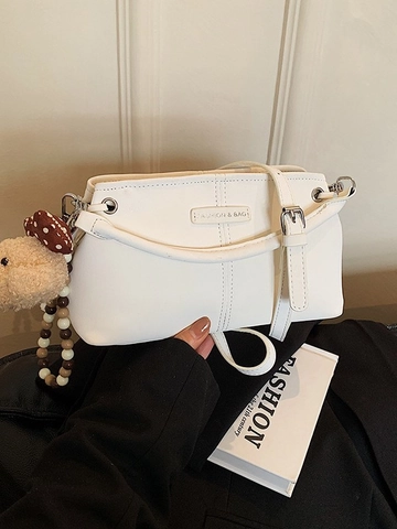 Vintage PU Leather Crossbody Bag For Women Commuter Retro Solid Color Handbag With Bear Charm Small Square Shoulder Bag
