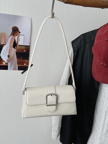 Damen Vintage PU Leder Unterarm Baguette Tasche Große Silberschnalle Rechteckige Retro Schultertasche Täglicher Arbeitsweg