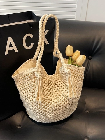 Damen Große Kapazität Stroh Gewebte Tragetasche Ajouré Häkeln Schultertasche Mit Quasten Strand Urlaub Handgemachte Sommer Handtasche