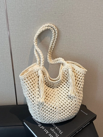Damen Große Kapazität Stroh Gewebte Tragetasche Ajouré Häkeln Schultertasche Mit Quasten Strand Urlaub Handgemachte Sommer Handtasche