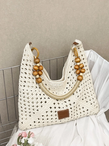 Borsa Tote da Donna Bohemien Intrecciata a Uncinetto Con Manico in Perle di Legno Grande Capacità Stile Vacanza per Spiaggia