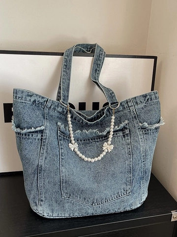 Dames Denim Tote Bag Grote Capaciteit Woon-werkverkeer Schoudertas Met Parelketting En Strik Gerafelde Rand Vintage Gewassen Handtas