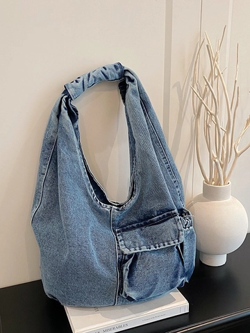 Damen Retro Denim Umhängetasche Urban Simple Gewaschener Stoff Genäht Große Kapazität Unterarm Tote Casual Hobo Einkaufstasche