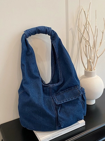 Damen Retro Denim Umhängetasche Urban Simple Gewaschener Stoff Genäht Große Kapazität Unterarm Tote Casual Hobo Einkaufstasche