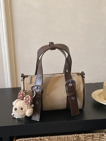 Damen Mode Vintage Boston Kissentasche PU Leder Kontrastfarbe Handtasche Schulter Umhängetasche Mit Plüschbär Anhänger Tasche