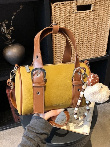 Damen Mode Vintage Boston Kissentasche PU Leder Kontrastfarbe Handtasche Schulter Umhängetasche Mit Plüschbär Anhänger Tasche