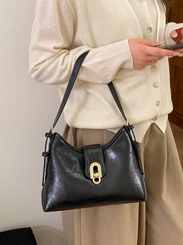 Bolso de Axila de Cuero PU Retro para Mujer Bolso de Hombro Minimalista Color Sólido Con Hebilla Dorada para Uso Diario