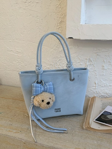 Damen PU Leder Tote Bag Minimalistische Schultertasche Mit Plüschbär-Anhänger Retro Pendler Handtasche Casual Umhängetasche