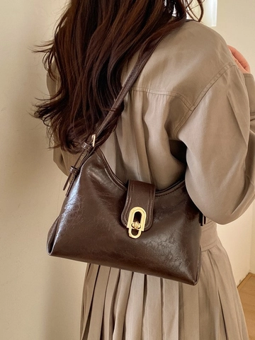 Bolso de Axila de Cuero PU Retro para Mujer Bolso de Hombro Minimalista Color Sólido Con Hebilla Dorada para Uso Diario