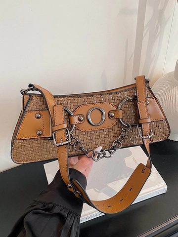 Mode Geweven PU Leer Okseltas Voor Vrouwen Verstelbare Riem Metalen Ketting Klinknagel Decor Baguette Schoudertas Street Style