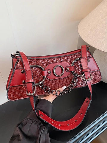 Mode Geweven PU Leer Okseltas Voor Vrouwen Verstelbare Riem Metalen Ketting Klinknagel Decor Baguette Schoudertas Street Style