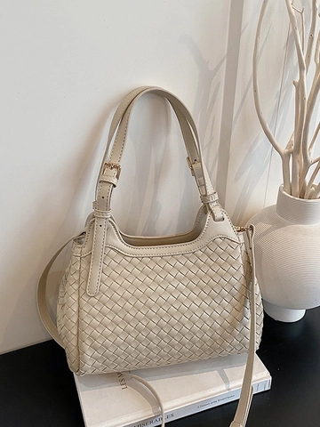 Women Fashion PU Leather Woven Bucket Bag Large Capacity Commuting Handbag With Adjustable Shoulder Strap Crossbody Bag