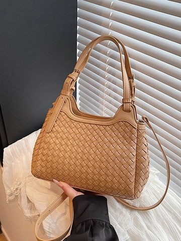 Women Fashion PU Leather Woven Bucket Bag Large Capacity Commuting Handbag With Adjustable Shoulder Strap Crossbody Bag