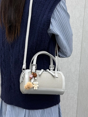 Borsa Boston da Donna Casual in Pelle PU con Cuciture Ciondolo Orsetto Piccola Borsa a Tracolla a Mano Stile Bowling