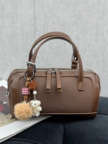 Borsa Boston da Donna Casual in Pelle PU con Cuciture Ciondolo Orsetto Piccola Borsa a Tracolla a Mano Stile Bowling