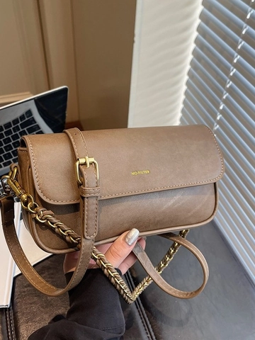 Vintage Eenvoudige PU Leren Baguette Tas voor Dames met Letterprint Schouder Crossbody Tas met Decoratieve Ketting Dagelijks Gebruik