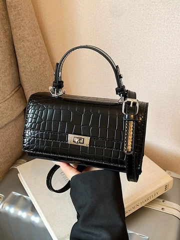 Sac à Main Carré Style Français Motif Crocodile pour Femme Cuir PU Serrure Métal Argenté Sac Bandoulière Élégant