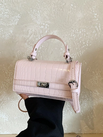 Sac à Main Carré Style Français Motif Crocodile pour Femme Cuir PU Serrure Métal Argenté Sac Bandoulière Élégant
