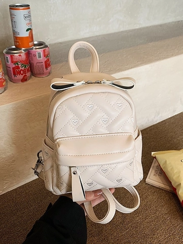 Mochila Mini de Cuero PU a la Moda para Mujer Acolchada con Bordado de Corazón Lazo Bolso de Hombro Casual Mochila Pequeña