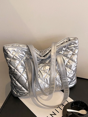 Bolso Tote Acolchado de Cuero PU Brillante Metálico para Mujer Bolso de Hombro Acolchado de Gran Capacidad Bolso de Mano Minimalista Urbano