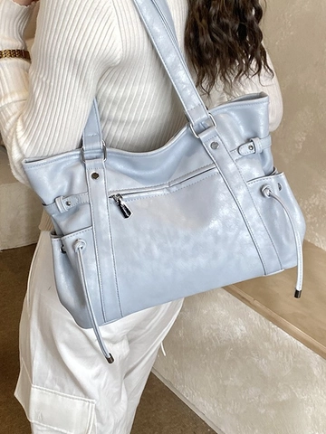 Bolso de Mano de Mujer de Gran Capacidad de Cuero PU Moda Costuras Bolso de Hombro Retro Color Sólido Con Bolsillos