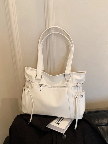 Bolso de Mano de Mujer de Gran Capacidad de Cuero PU Moda Costuras Bolso de Hombro Retro Color Sólido Con Bolsillos