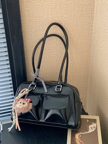 Women Retro PU Leather Shoulder Bag Solid Color Bow Decor Boston Bag Commuter Tote Handbag With Plush Charm