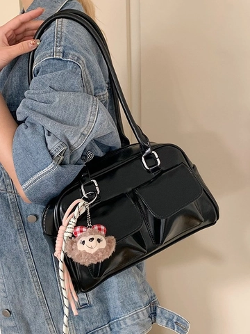 Women Retro PU Leather Shoulder Bag Solid Color Bow Decor Boston Bag Commuter Tote Handbag With Plush Charm