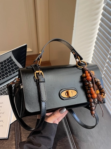 Women Retro PU Leather Shoulder Bag Vintage Square Handbag With Beaded Tassel Lock Crossbody Bag Daily Fashion Handbag