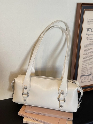 Bolso de Axila Boston Minimalista de Cuero PU Retro para Mujer Bolso de Hombro Cilíndrico de Color Sólido Herrajes de Plata