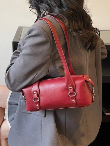 Bolso de Axila Boston Minimalista de Cuero PU Retro para Mujer Bolso de Hombro Cilíndrico de Color Sólido Herrajes de Plata