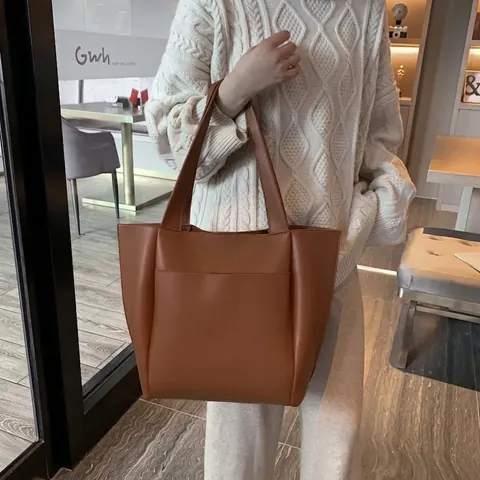 Bolso Tote de Cuero Sintético de Gran Capacidad para Mujer Moda Estilo Coreano Bolso de Hombro Minimalista Con Hebilla Magnética
